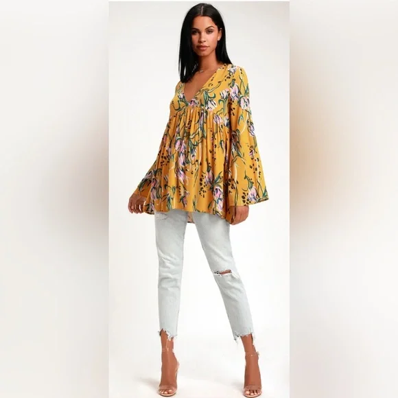 Free People Golden Yellow Bella Floral Print Tunic - Picture 3 of 4